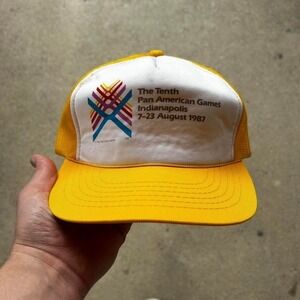 Vintage 1987 Indianapolis pan American games yellow mesh trucker SnapBack hat